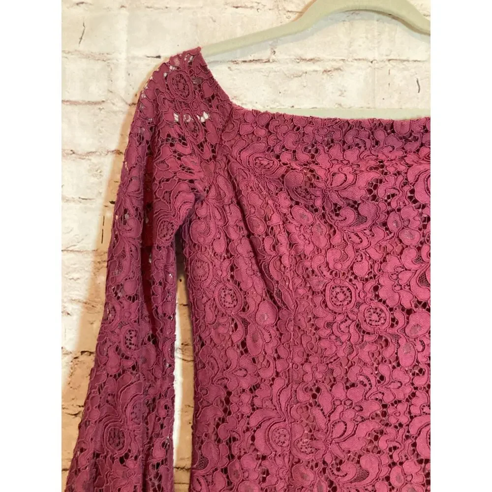 Bardot Lace Dress Womens XS Dark Mauve Midi‎ Bell Sleeve Romantic Off Shoulder - Picture 4 of 14